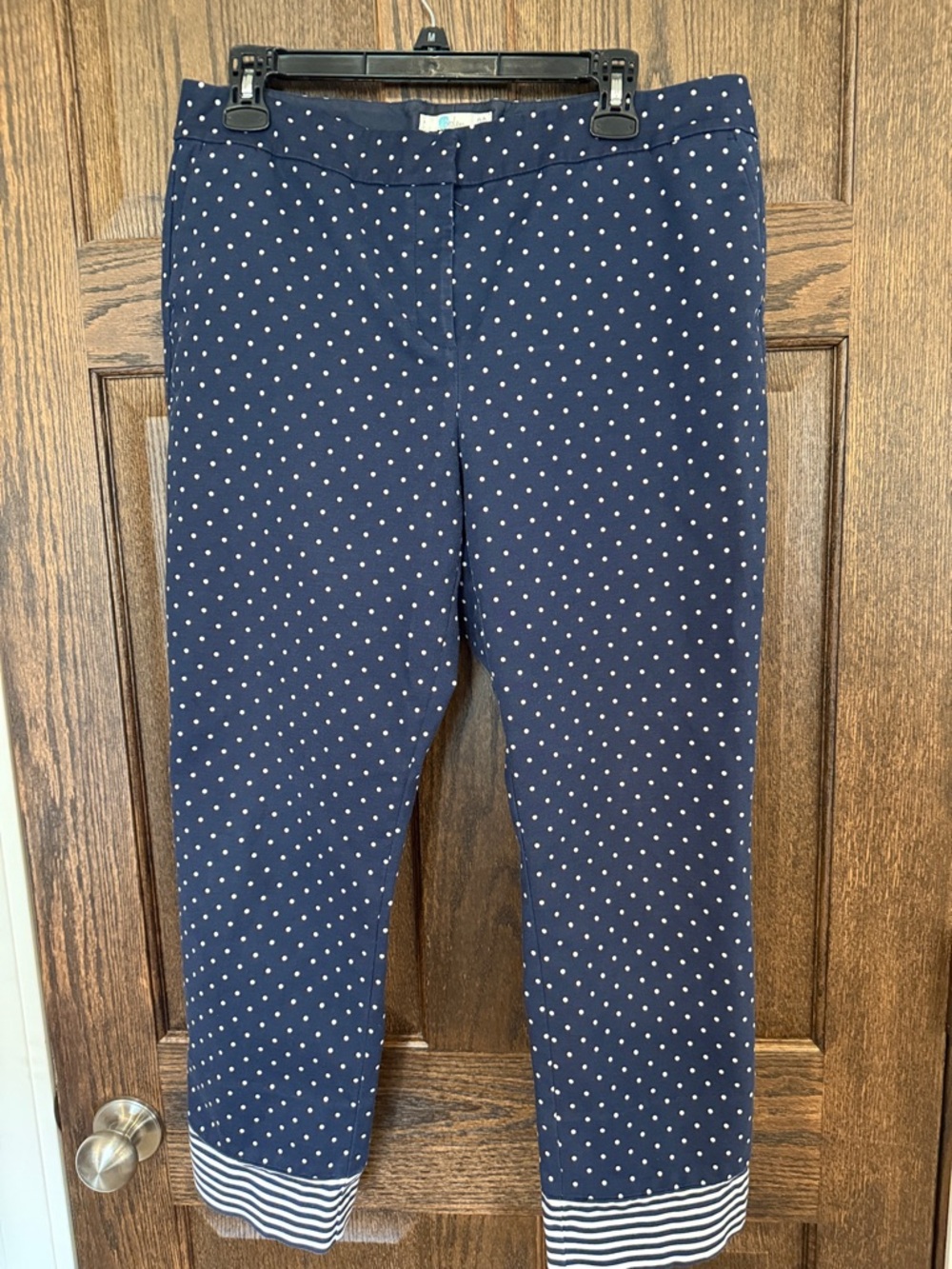 Boden Navy Cropped Ankle Pants With White Polka Dots and Striped Cuffs Size 12